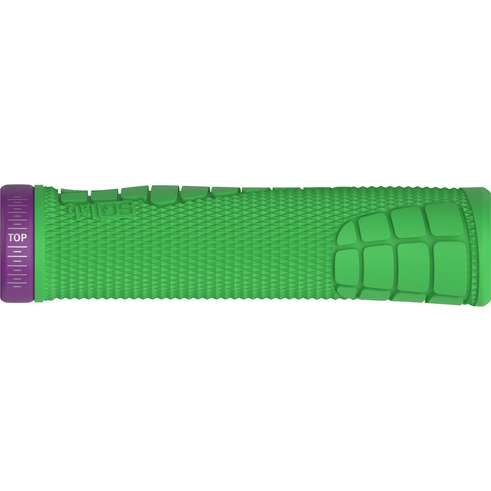 SQlab 7OX Pro 2.0 Metzger MTB handlebar grips in bright green and purple with lock-on collar