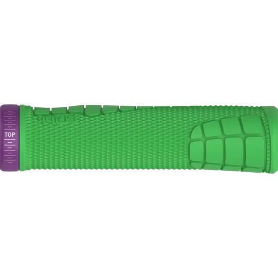 SQlab 7OX Pro 2.0 Metzger MTB handlebar grips in bright green and purple with lock-on collar
