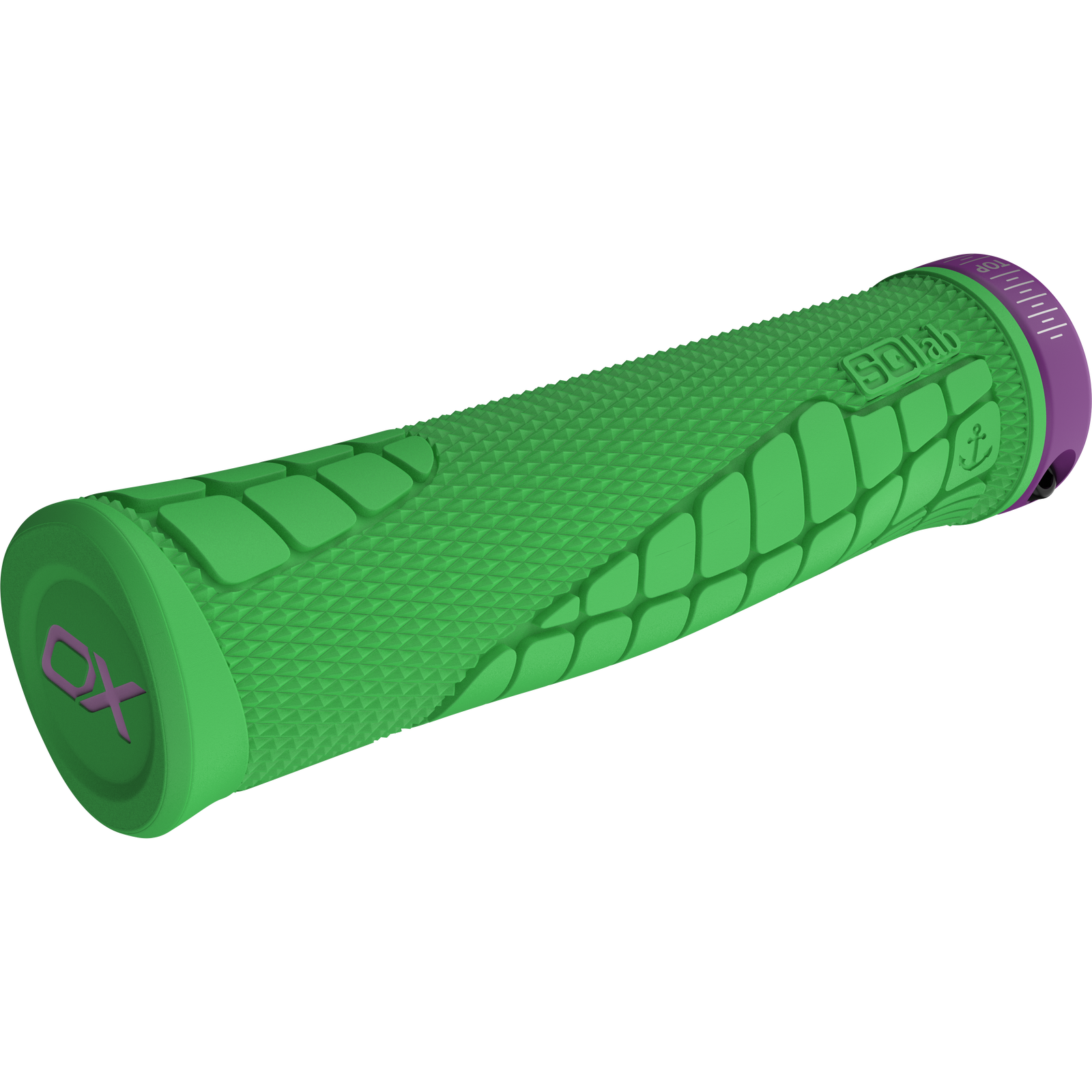 SQlab 7OX Pro 2.0 Metzger Edition MTB grips in vivid green with purple lock ring