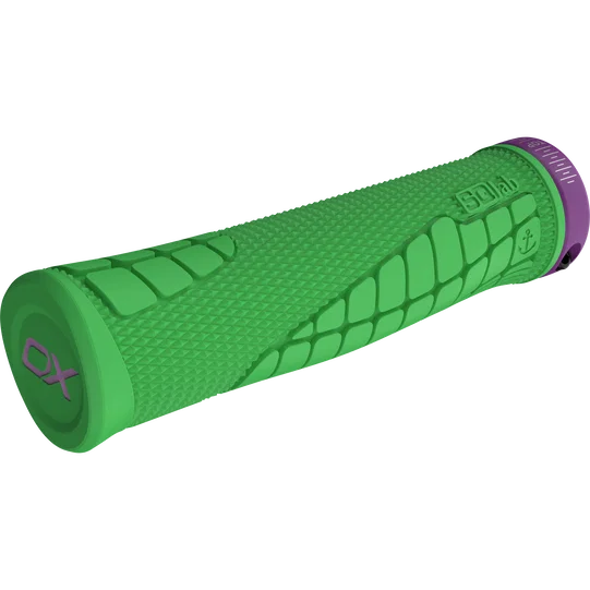 SQlab 7OX Pro 2.0 Metzger Edition MTB grips in vivid green with purple lock ring