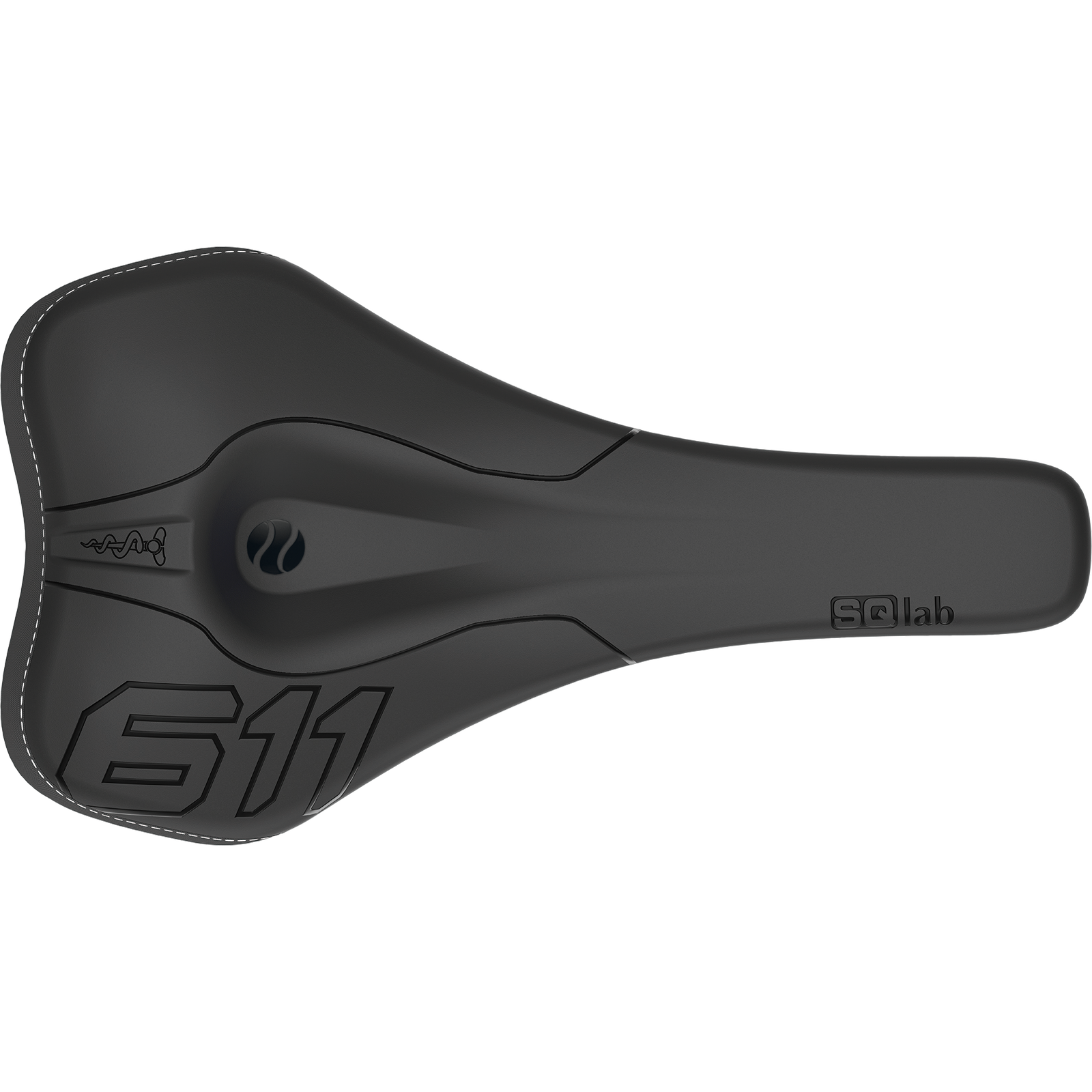 SQlab 611 Ergowave active MTB saddle in black, top view with pressure-relief channel