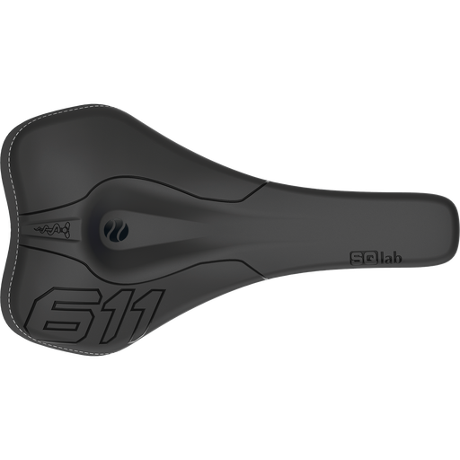 SQlab 611 Ergowave active MTB saddle in black, top view with pressure-relief channel