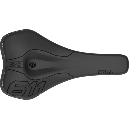SQlab 611 Ergowave active MTB saddle in black, top view with pressure-relief channel