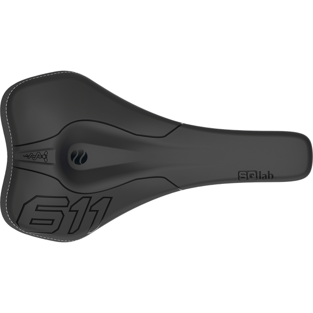 SQlab 611 Ergowave active MTB saddle in black, top view with pressure-relief channel