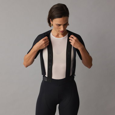 SQlab ONE12 women bib shorts in black with innovative strap system for road cycling