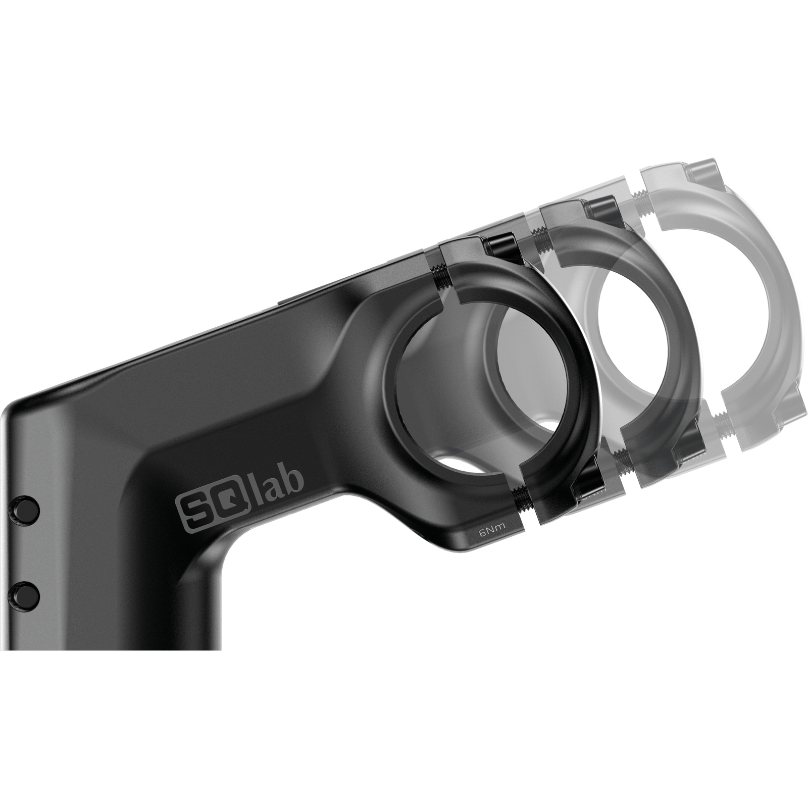 SQlab 810 3.0 mountain bike stem in black, handlebar clamp detail view