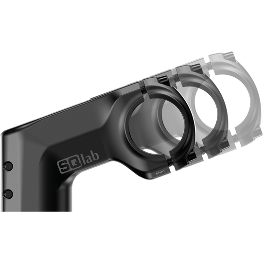 SQlab 810 3.0 mountain bike stem in black, handlebar clamp detail view