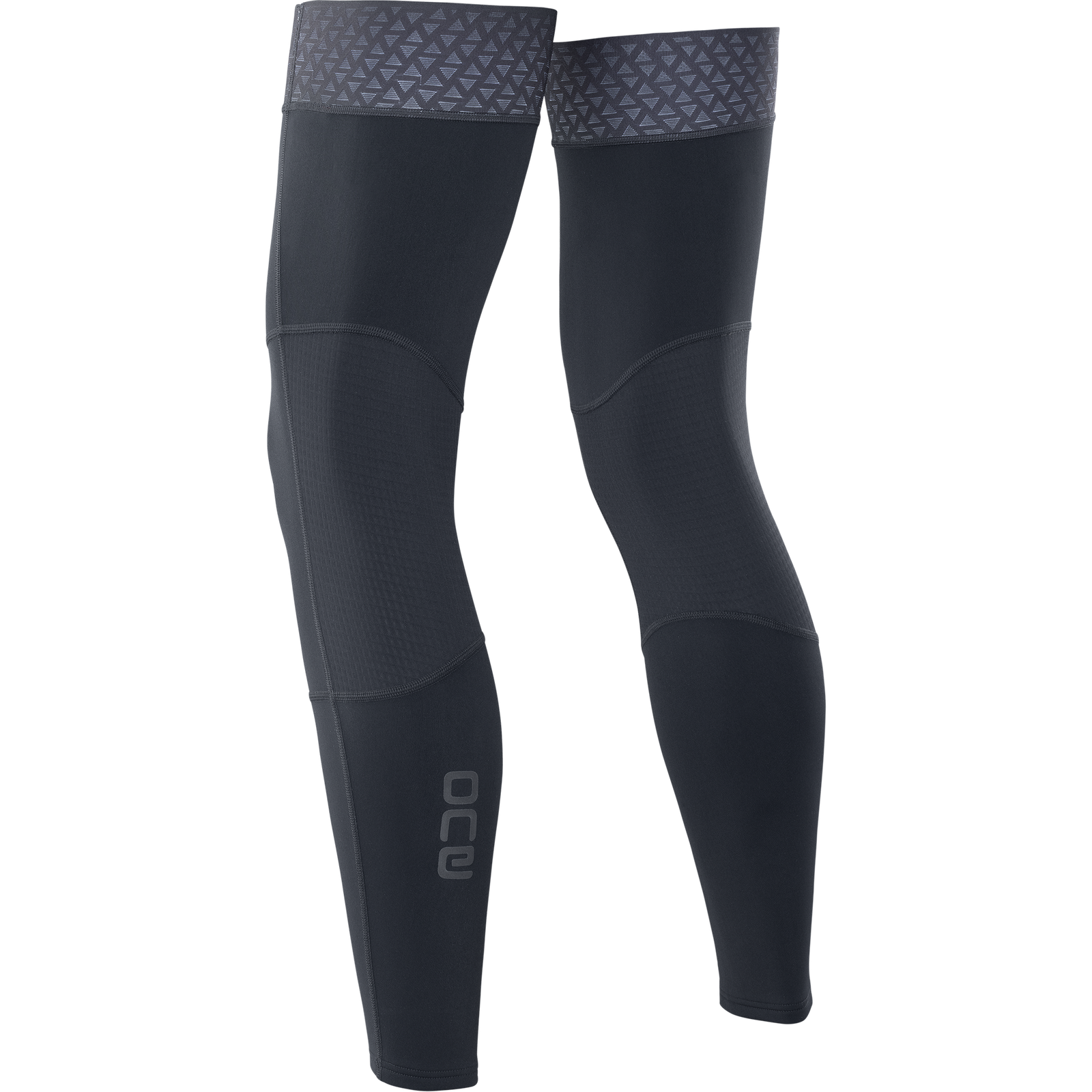 SQlab cycling leg warmers in anthracite black with geometric gripper cuff, pair front view