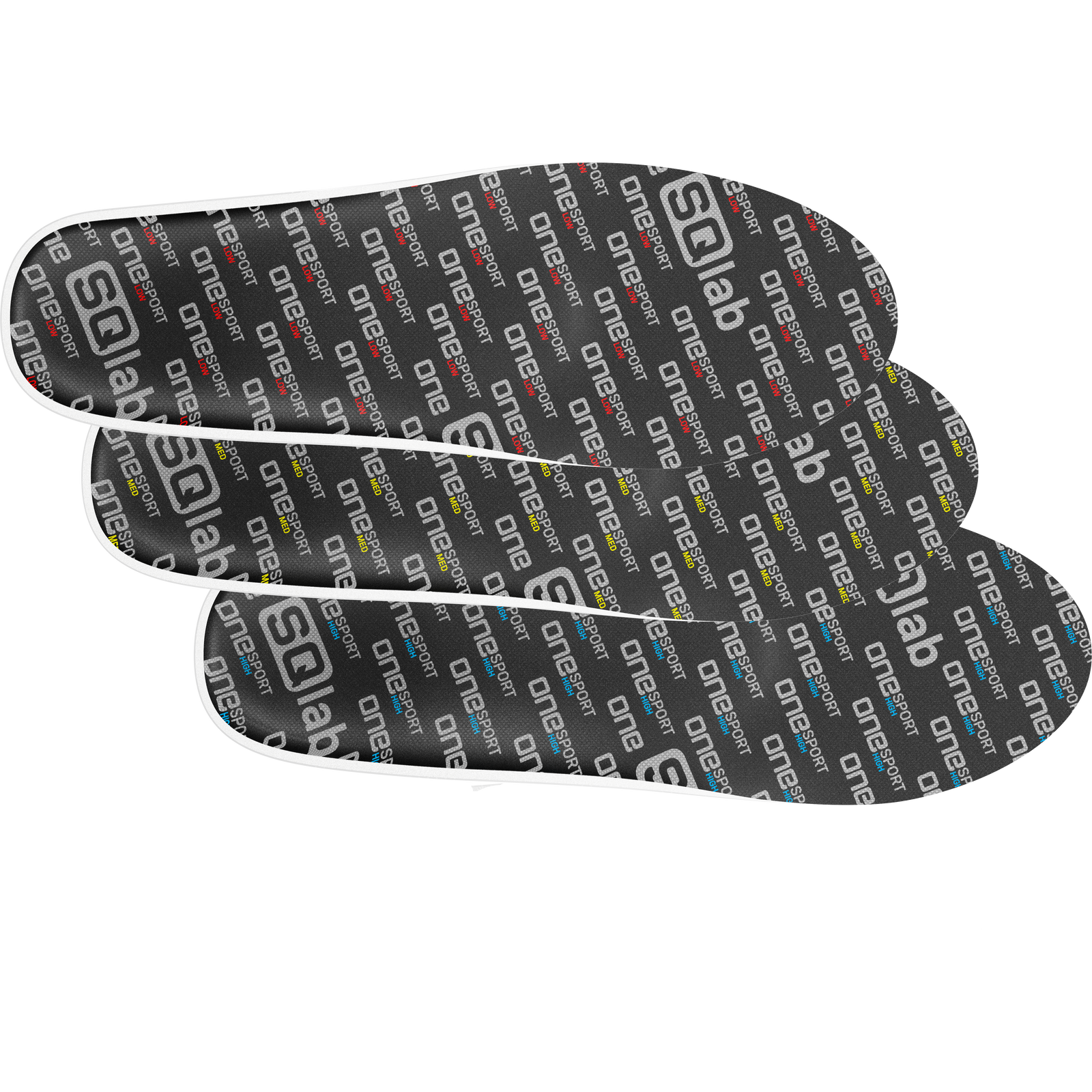 SQlab one sport cycling shoe insoles in charcoal black with allover white logo print, three-piece fan view