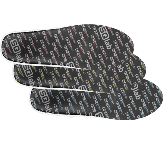 SQlab one sport cycling shoe insoles in charcoal black with allover white logo print, three-piece fan view