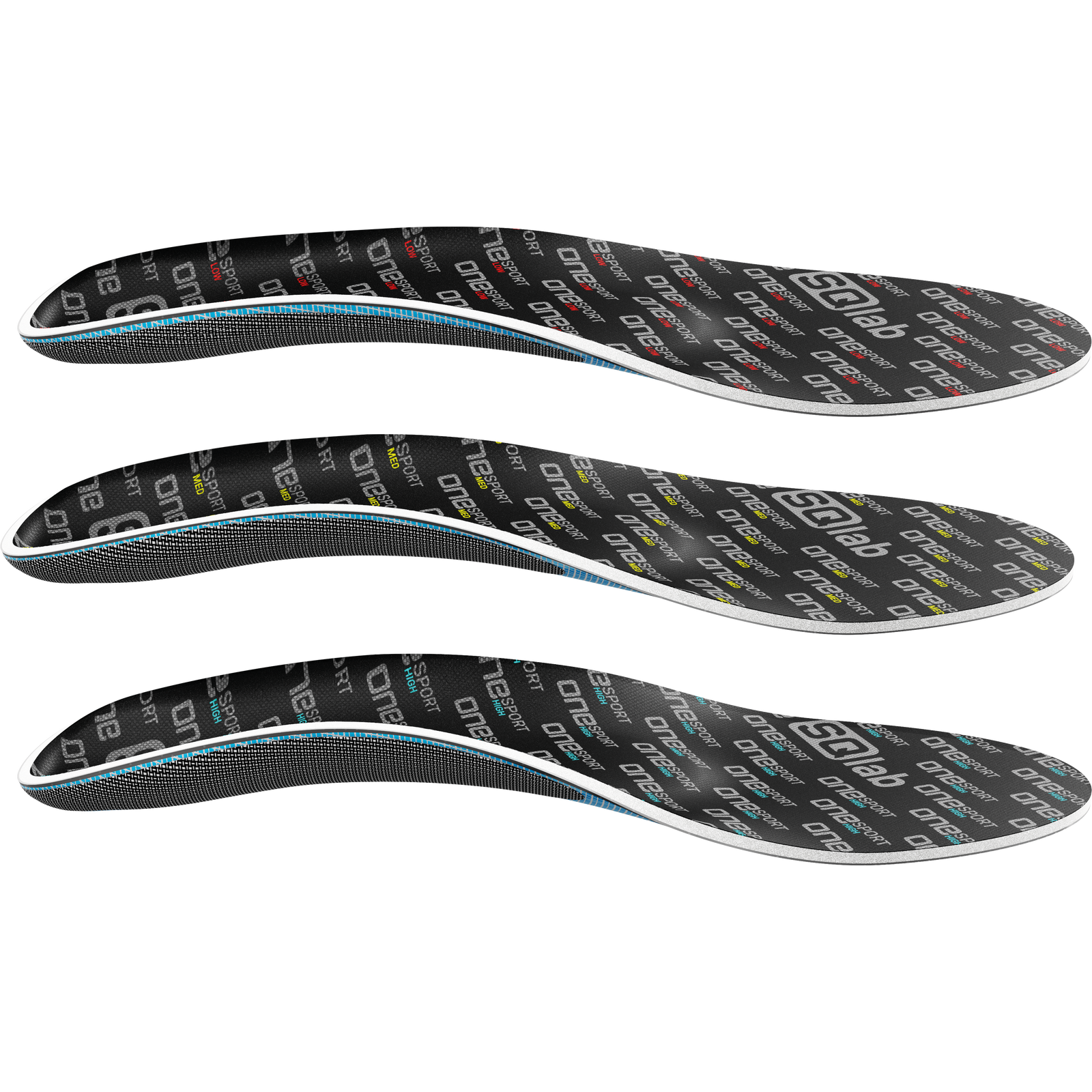 SQlab ONE sport high cycling shoe insole in black and cyan, triple view