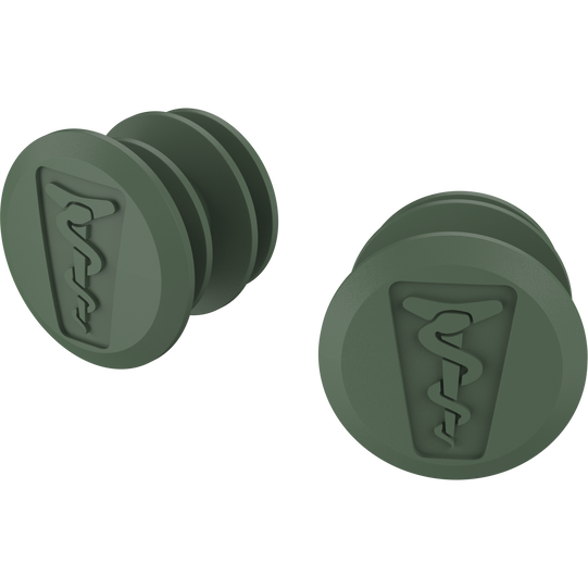 SQlab 714 gravel handlebar tape bar end plugs in olive green, three-quarter view