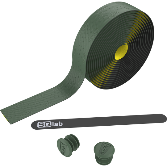 SQlab 714 gravel handlebar tape in olive green with bar end plugs and velcro strap