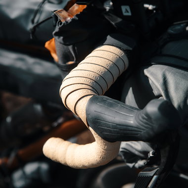 SQlab 714 handlebar tape in sand installed on a gravel drop bar, showing diamond texture and nub rows