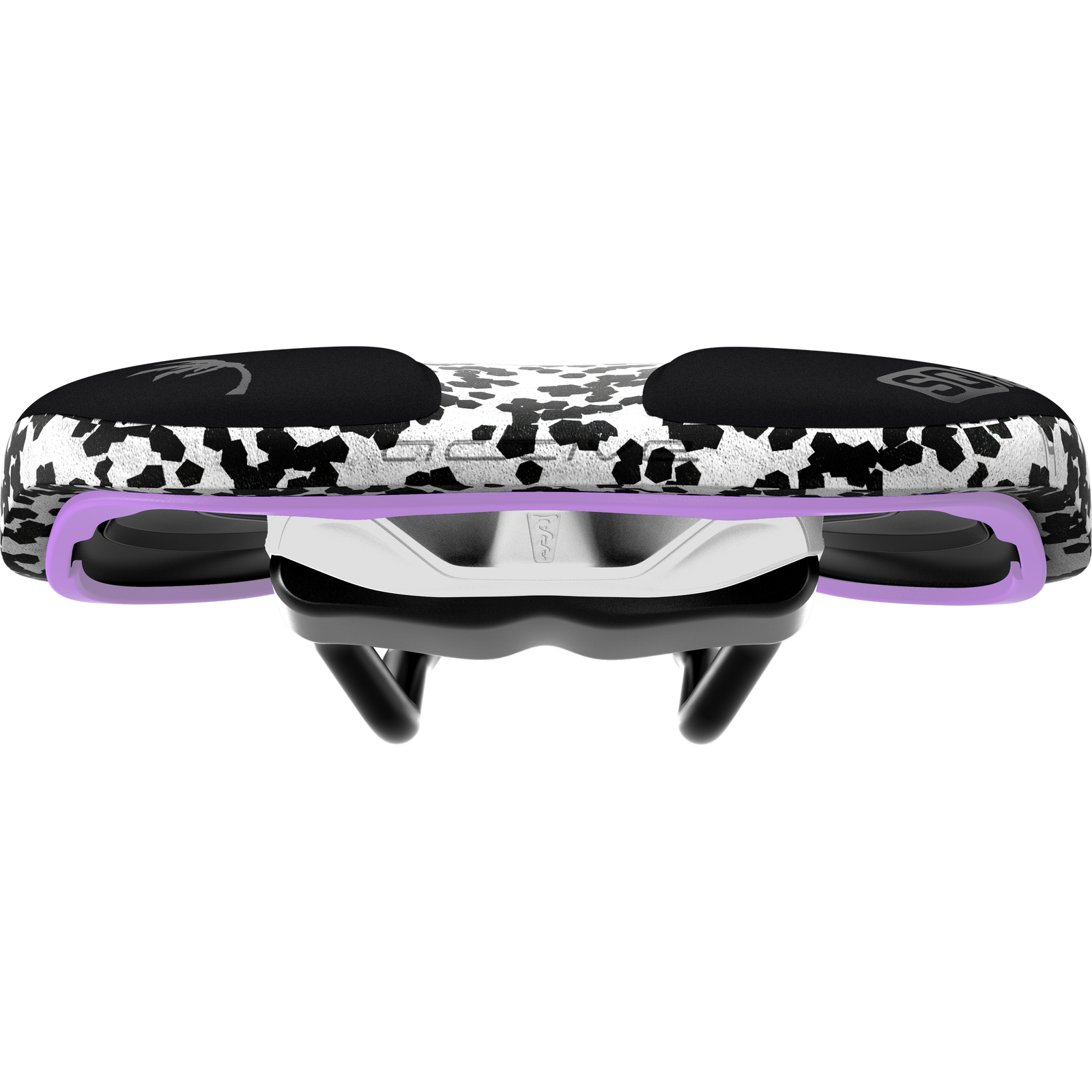SQlab ClipOn 611 Infinergy ERGOWAVE active bike saddle in black, white and lavender, front view