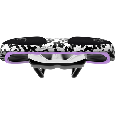 SQlab ClipOn 611 Infinergy ERGOWAVE active bike saddle in black, white and lavender, front view