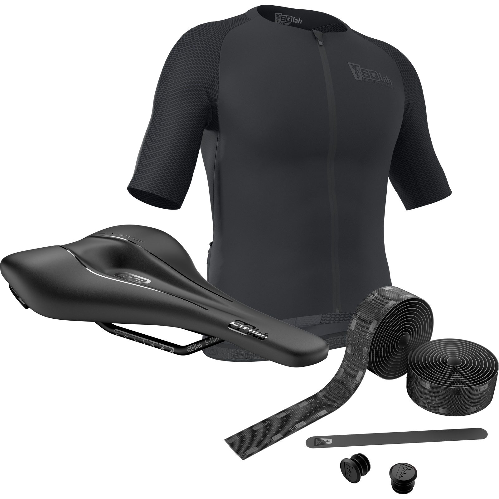SQlab Road Plus cycling bundle with 612 saddle, jersey and handlebar tape in anthracite black