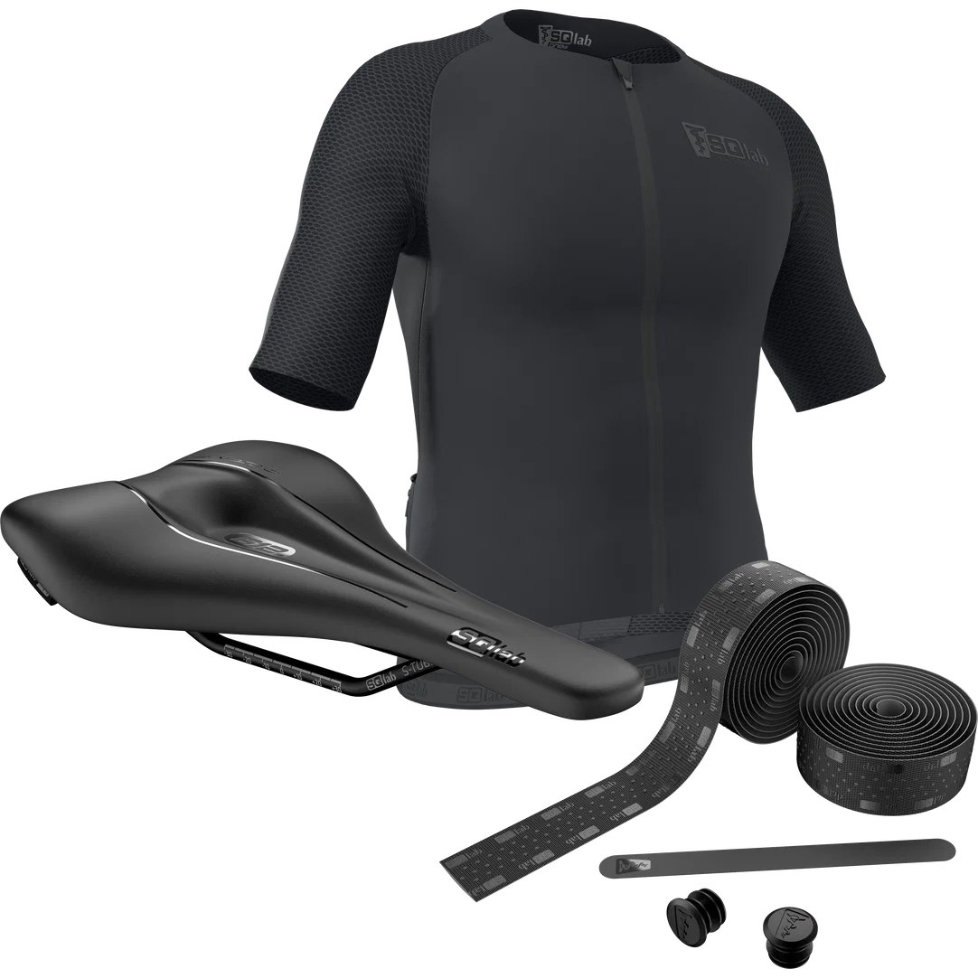 SQlab Road Plus cycling bundle with 612 saddle, jersey and handlebar tape in anthracite black