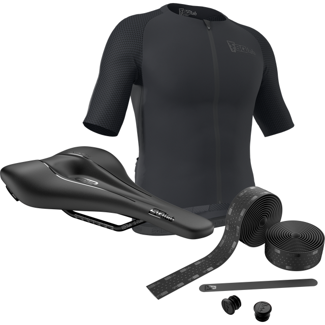 SQlab Road Plus cycling bundle with 612 saddle, jersey and handlebar tape in anthracite black