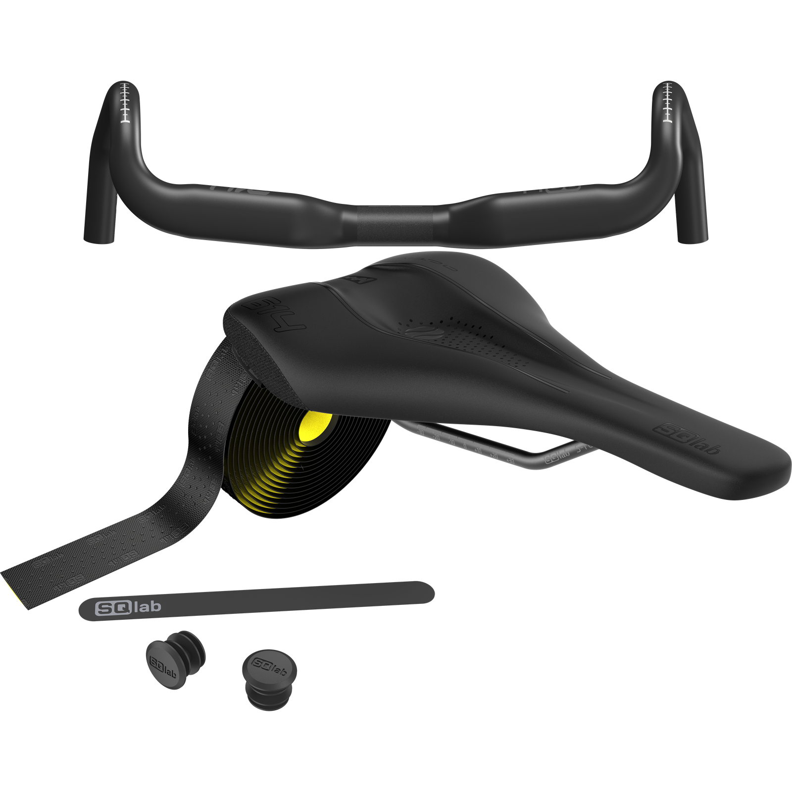 SQlab Gravel Plus bundle with handlebar, saddle and bar tape in matte black with yellow-green accent