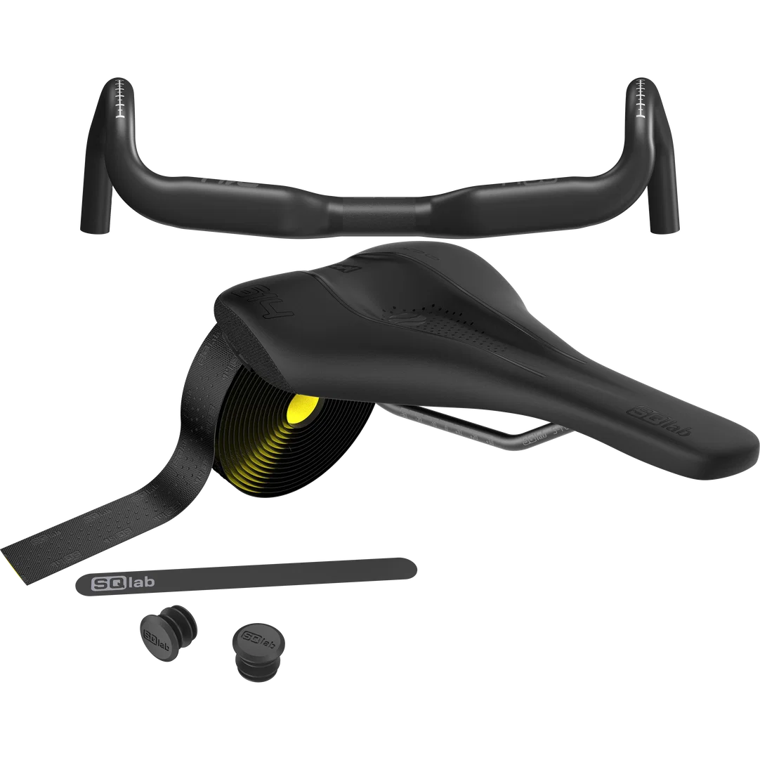 SQlab Gravel Plus bundle with handlebar, saddle and bar tape in matte black with yellow-green accent