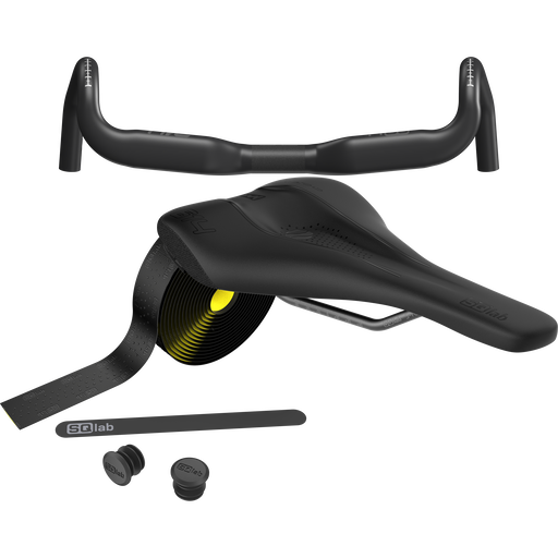 SQlab Gravel Plus bundle with handlebar, saddle and bar tape in matte black with yellow-green accent