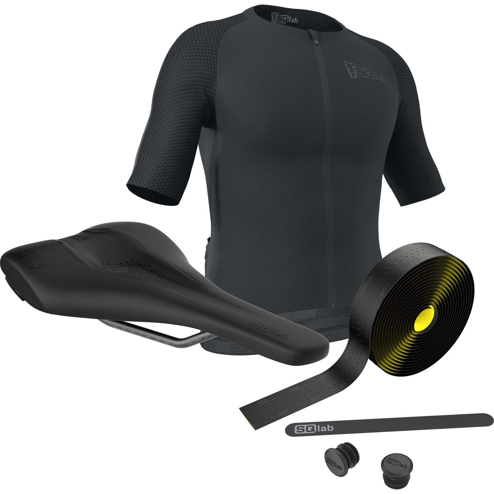 SQlab Gravel Complete bundle with cycling jersey, saddle and handlebar tape in black and yellow-green
