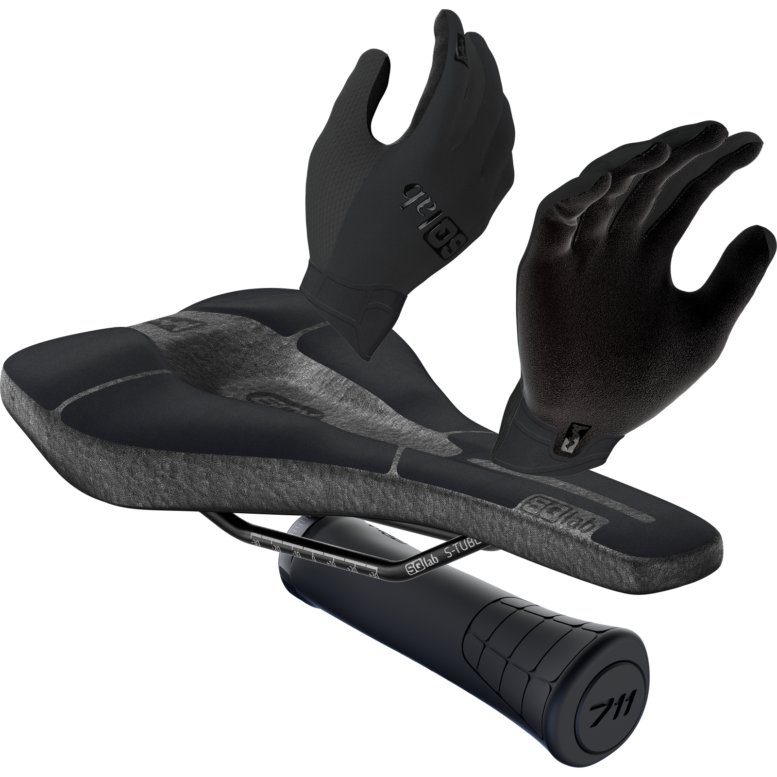 SQlab MTB Plus bundle saddle, grips and gloves in black and anthracite