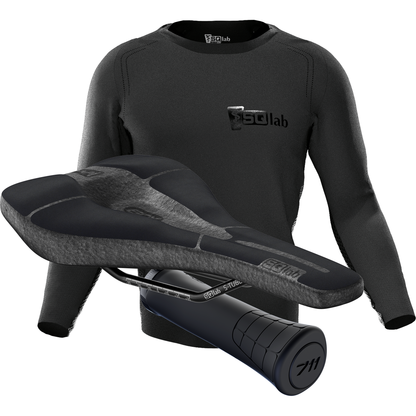 SQlab MTB Complete bundle saddle, base layer jersey and handlebar grips in black