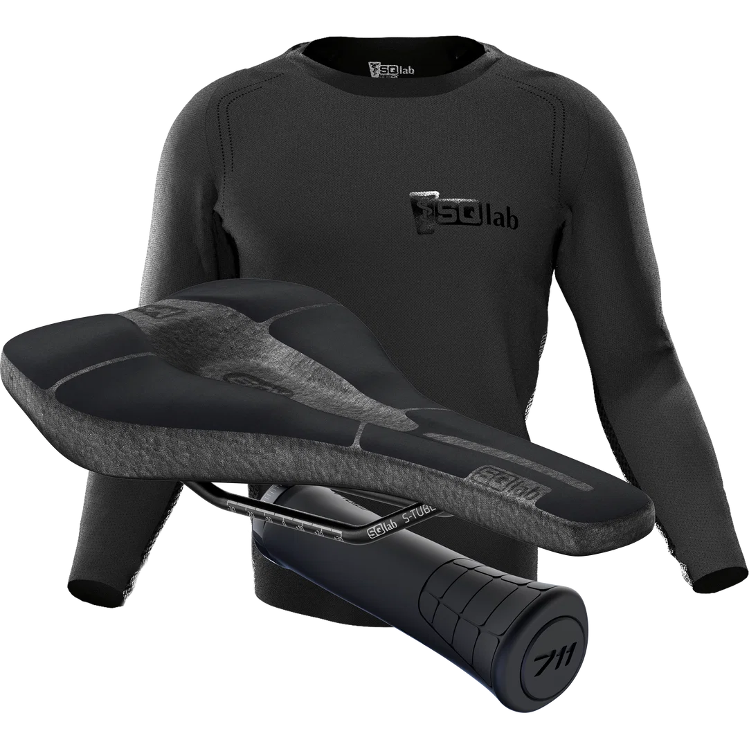 SQlab MTB Complete bundle saddle, base layer jersey and handlebar grips in black