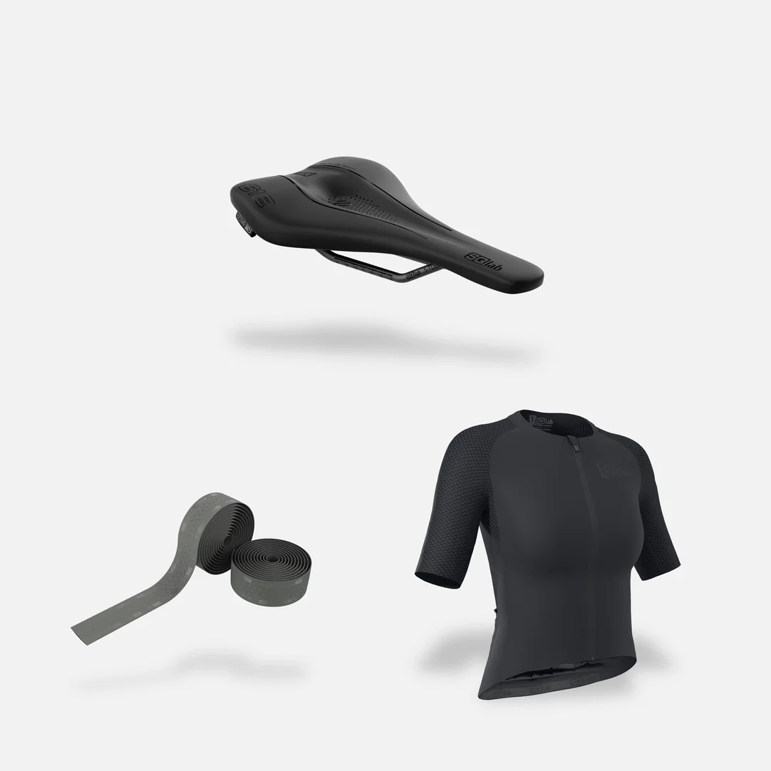 SQlab Road Plus Set: Sattel, Lenkerband und Kurzarm-Radtrikot in schwarz